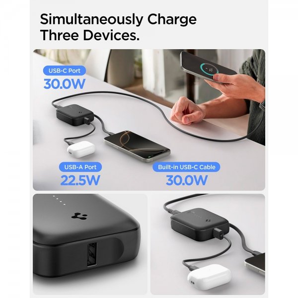 Spigen Essential Powerbank sisäänrakennetulla kaapelilla 10 000 mAh 30W Musta
