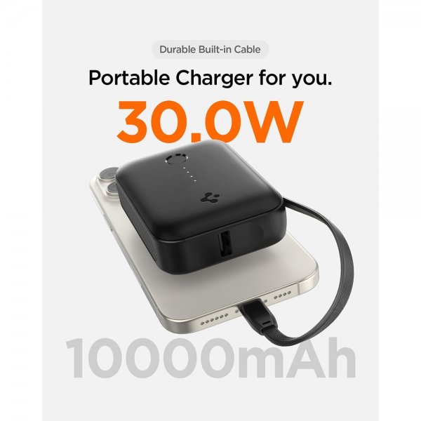 Spigen Essential Powerbank sisäänrakennetulla kaapelilla 10 000 mAh 30W Musta