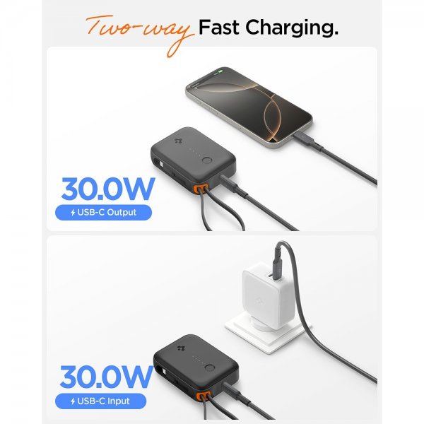 Spigen Essential Powerbank sisäänrakennetulla kaapelilla 10 000 mAh 30W Musta