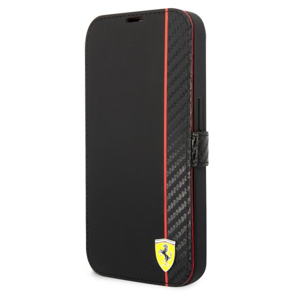 Ferrari iPhone 14 Pro -suojakuori, hiilikuitujäljitelmä, metallilogo, musta