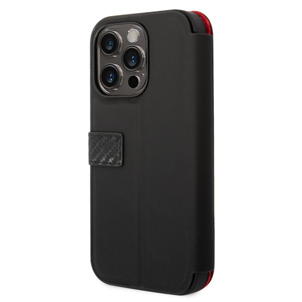 Ferrari iPhone 14 Pro -suojakuori, hiilikuitujäljitelmä, metallilogo, musta