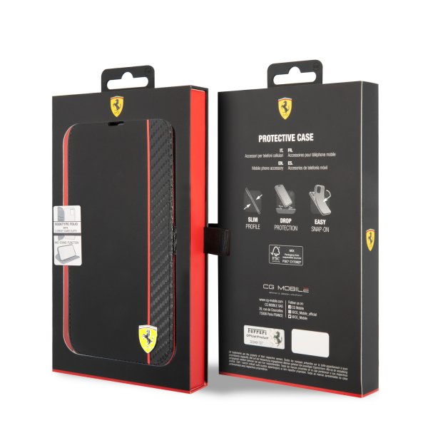Ferrari iPhone 14 Pro Max -suojakuori Carbon Effect Metal Logo, musta