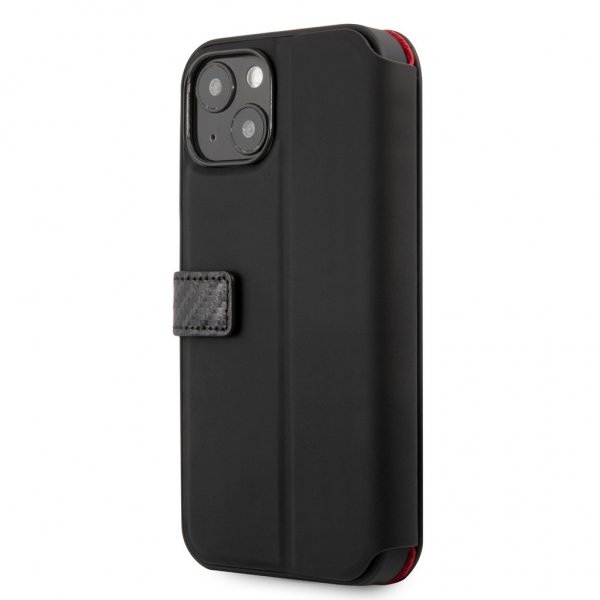 Ferrari iPhone 13 Carbon Effect Metal Logo Vertical Stripe Kotelo Musta