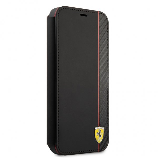 Ferrari iPhone 13 Mini Suojakuori Carbon Effect Metal Logo Vertical Stripe Musta