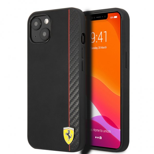 Ferrari iPhone 13 Kuori Carbon Effect Metal Logo Vertical Stripe Musta