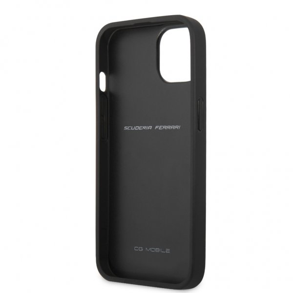 Ferrari iPhone 13 Mini Kuori Carbon Effect Metal Logo Vertical Stripe Musta