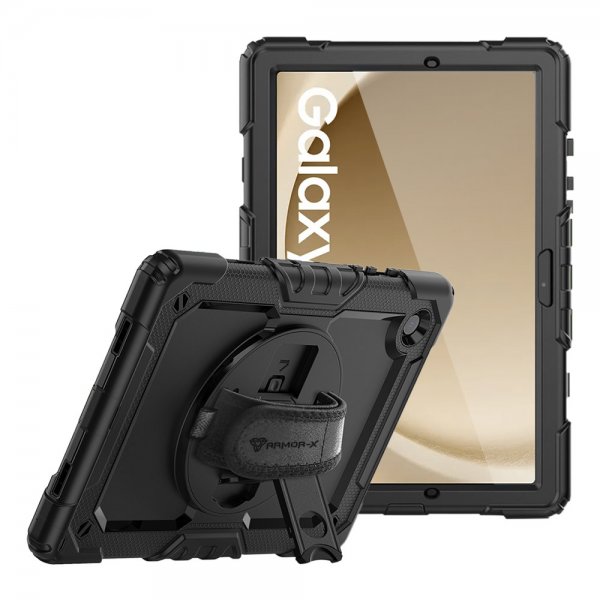 Armor-X Samsung Galaxy Tab A9 Plus Kuori Sateenkestävä Kestävä Kotelo Käsihihna Jalusta Musta