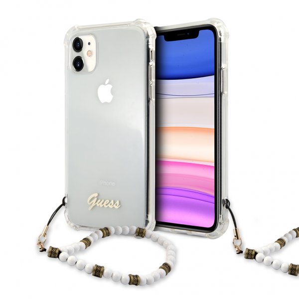 Guess iPhone 11 -suojakuori Script & Pearls, valkoinen/läpinäkyvä