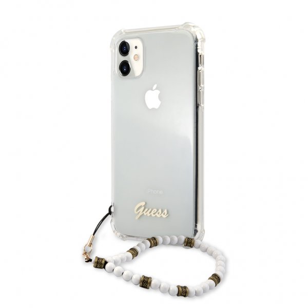 Guess iPhone 11 -suojakuori Script & Pearls, valkoinen/läpinäkyvä