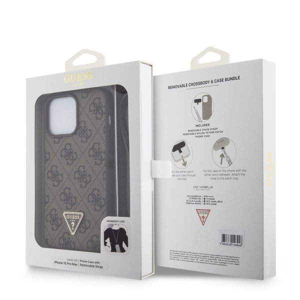 Guess iPhone 15 Pro Max Kuori Metal Logo Strass Crossbody Strap Ruskea