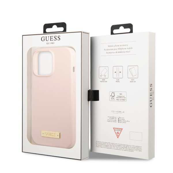 Guess iPhone 13 Pro -silikonikuori, jossa on MagSafe-metallilevy, pinkki