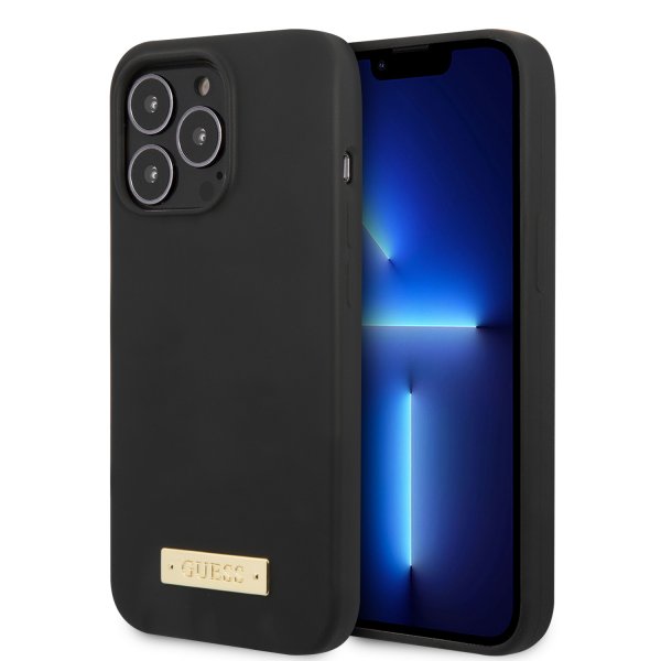 Guess iPhone 13 Pro Max kuori silikoninen metallilevy MagSafe musta