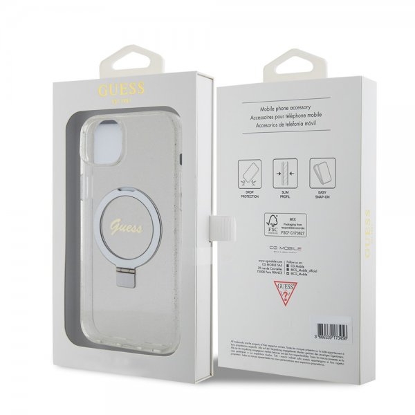 Guess iPhone 15 Plus Suojakuori Sormusteline Glitter MagSafe Läpinäkyvä