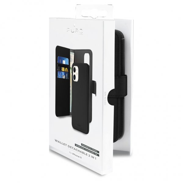 Puro iPhone 11 -kotelo, lompakko, irrotettava, 2-in-1, musta