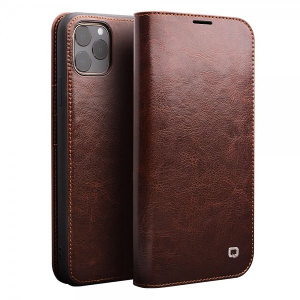 Qialino iPhone 11 Pro Max -kotelo, aitoa nahkaa, korttipaikat, ruskea