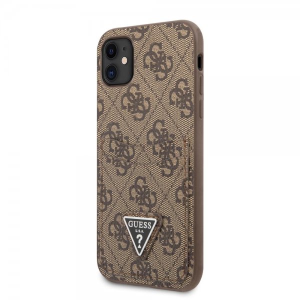 Guess iPhone 11 -suojakuori Double Cardslot Metal Triangle, ruskea