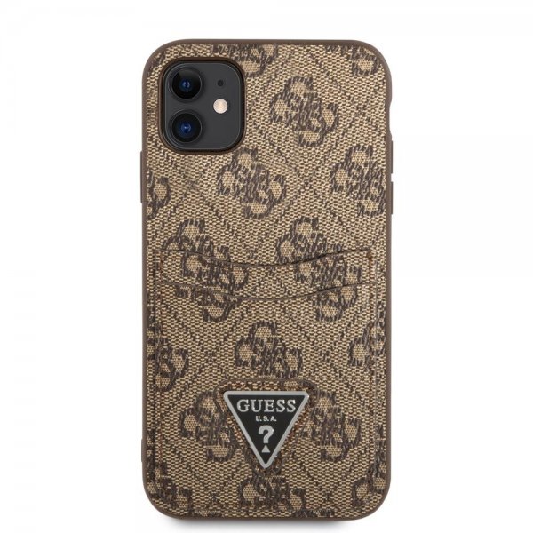 Guess iPhone 11 -suojakuori Double Cardslot Metal Triangle, ruskea