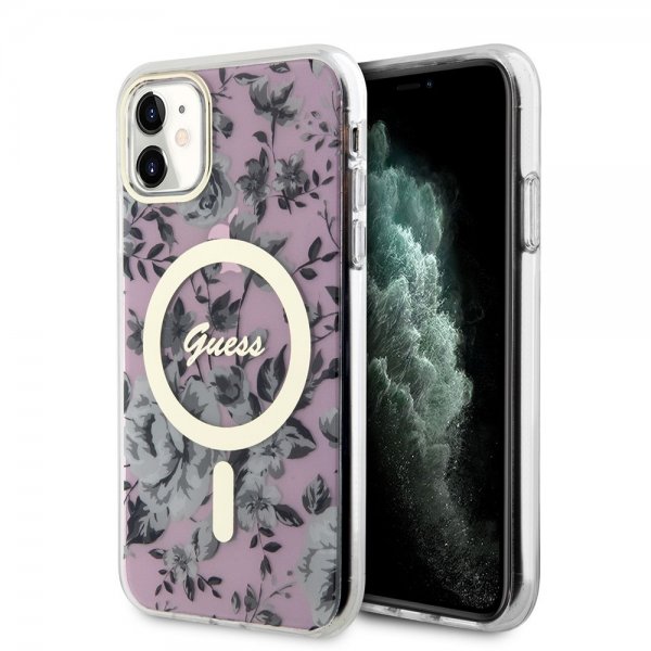 Guess iPhone 11 -suojakuori Flower MagSafe, pinkki