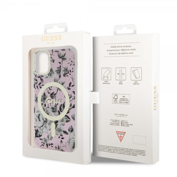 Guess iPhone 11 -suojakuori Flower MagSafe, pinkki