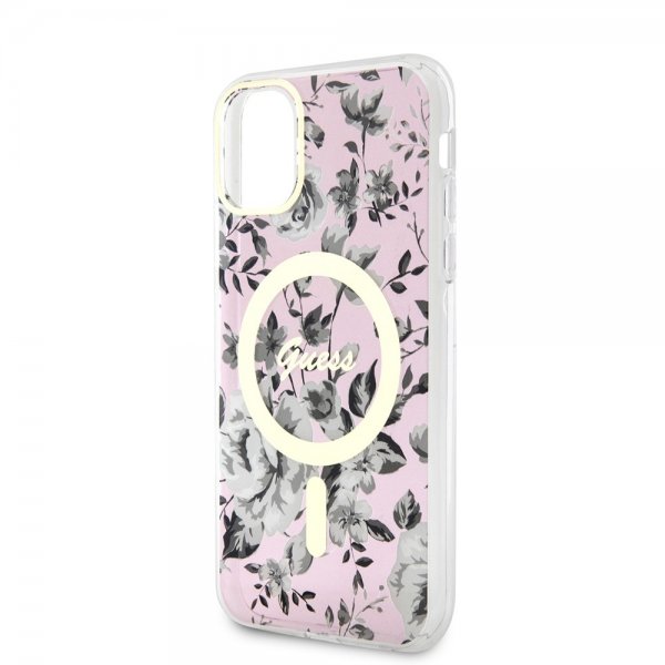 Guess iPhone 11 -suojakuori Flower MagSafe, pinkki
