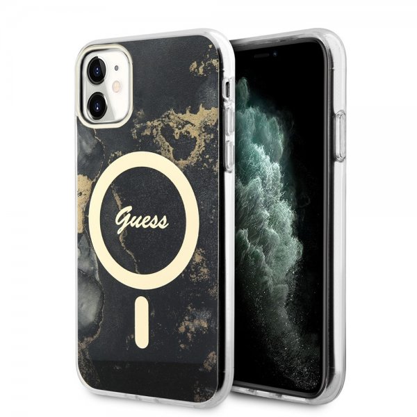 Guess iPhone 11 -suojakuori Golden Marble MagSafe, musta