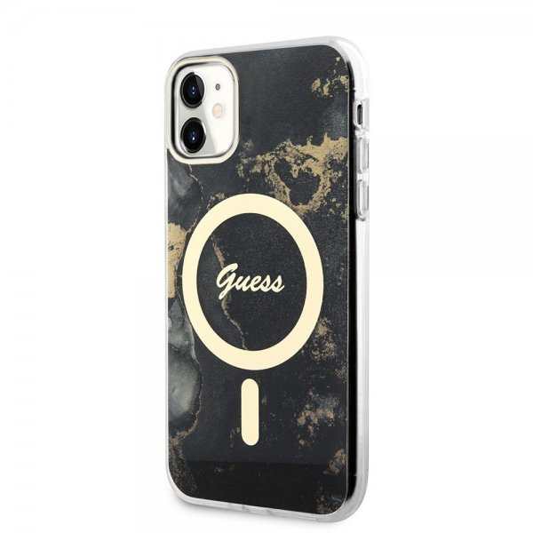 Guess iPhone 11 -suojakuori Golden Marble MagSafe, musta