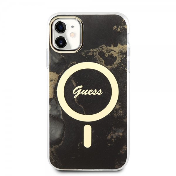Guess iPhone 11 -suojakuori Golden Marble MagSafe, musta