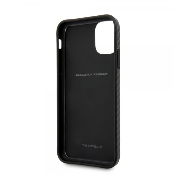 Ferrari iPhone 11 -suojakuori, hiilikuitukuvio, keltainen logo, musta
