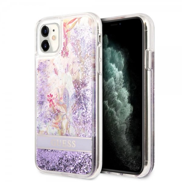 Guess iPhone 11 -suojakuori Liquid Glitter Flower Pattern - violetti