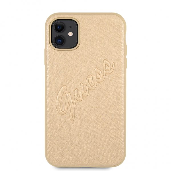 Guess iPhone 11 -suojakuori, Saffiano Vintage Script, kulta