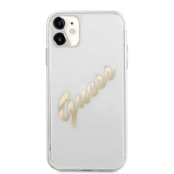 Guess iPhone 11 -kuori Vintage Script, kulta, läpinäkyvä