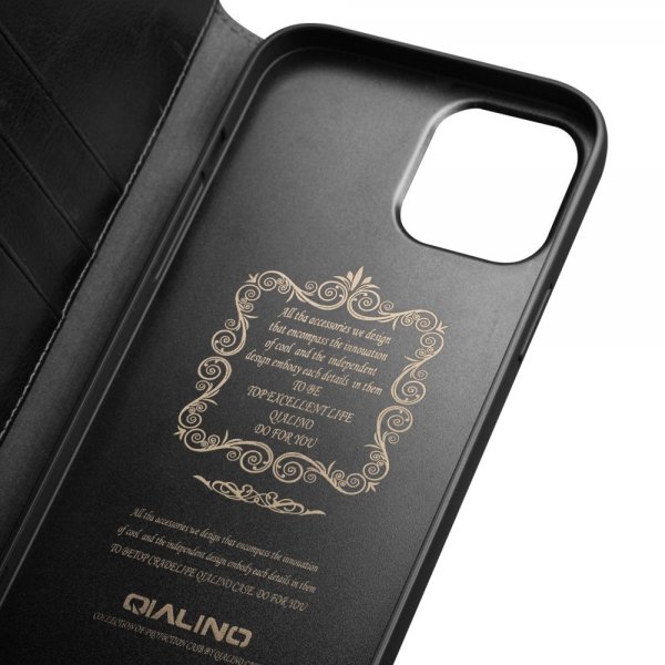 Qialino iPhone 12/iPhone 12 Pro Kotelo, aitoa nahkaa, musta