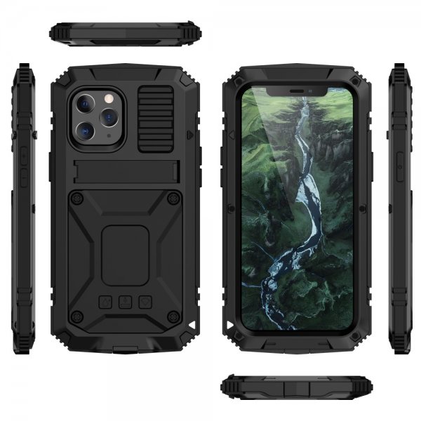 R-JUST iPhone 12/iPhone 12 Pro Kuori Metalli Iskunkestävä Musta