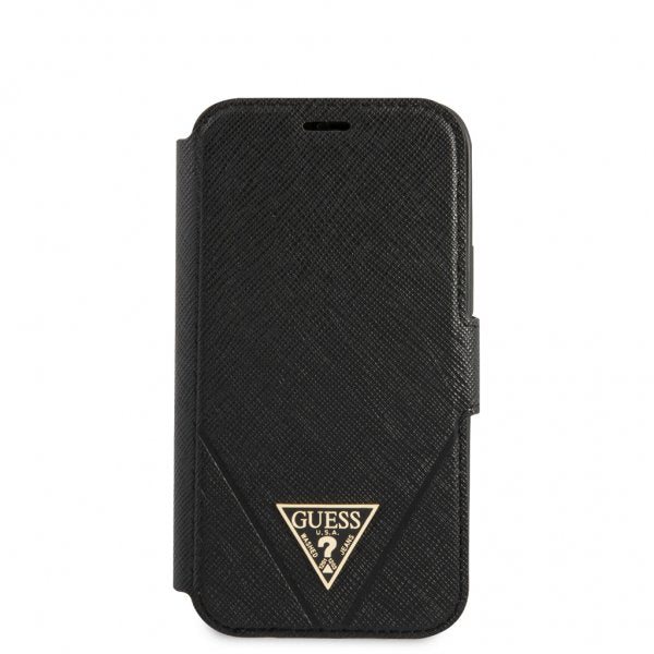 Guess iPhone 12 Mini Kotelo Gold Triangle Saffiano Musta