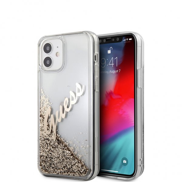 Guess iPhone 12 Mini Kuori Liquid Glitter Vintage Kulta