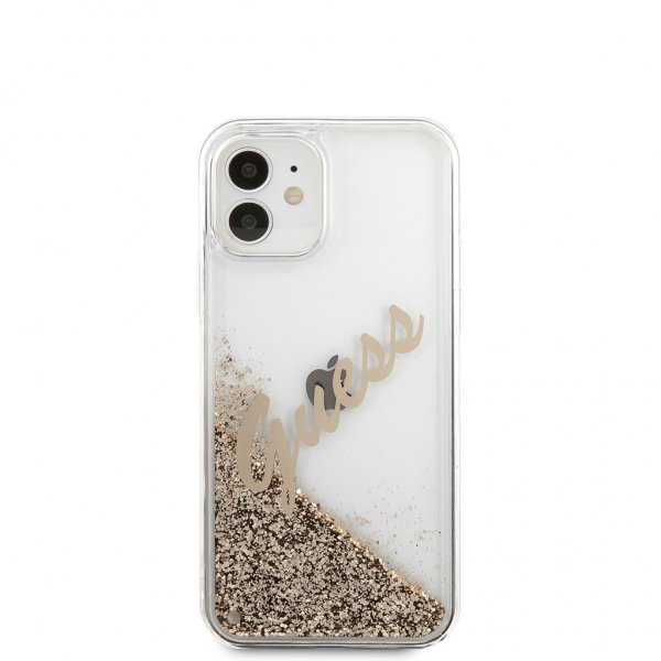 Guess iPhone 12 Mini Kuori Liquid Glitter Vintage Kulta