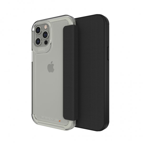 Gear4 iPhone 12 Pro Max suojakotelo Wembley Flip Clear Musta