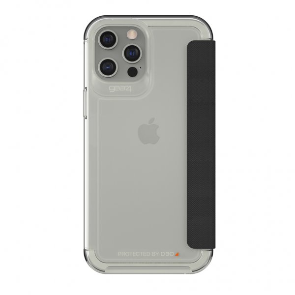 Gear4 iPhone 12 Pro Max suojakotelo Wembley Flip Clear Musta