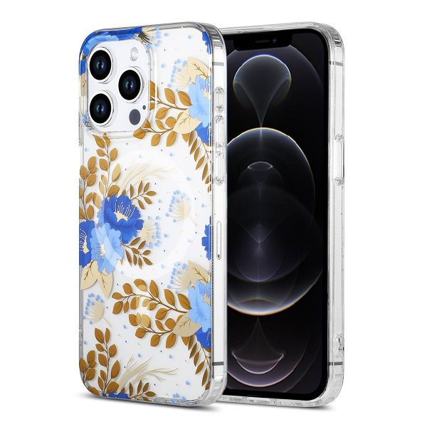iPhone 12 Pro Max Kuori Kukkakuvio MagSafe Sininen Kulta