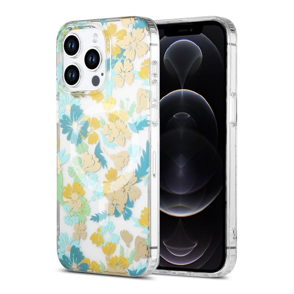 iPhone 12 Pro Max Kuori Kukkakuvio MagSafe Turkoosi