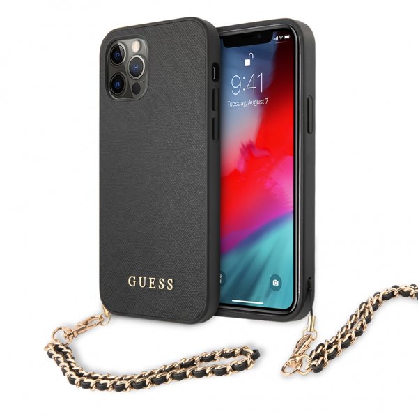 Guess iPhone 12 Pro Max Kuori Saffiano Chain Musta