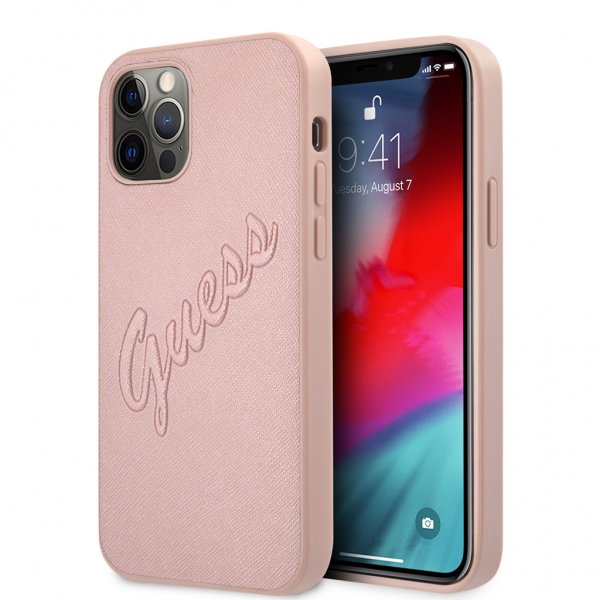 Guess iPhone 12 Pro Max -kuoret Saffiano Vintage Script Ruusukulta