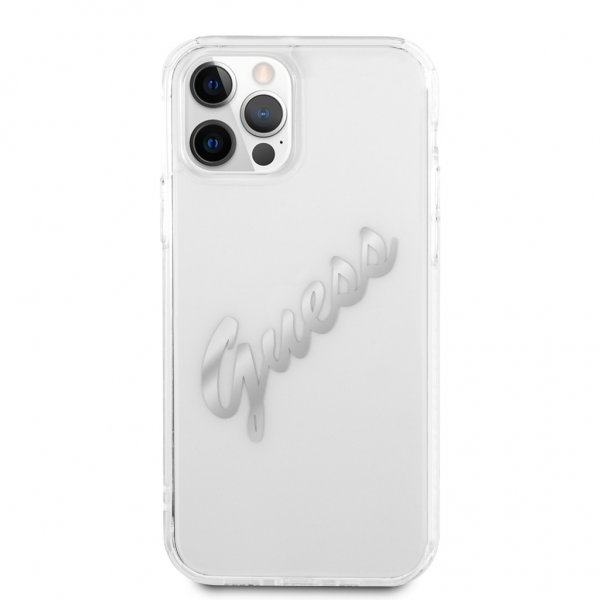Guess iPhone 12 Pro Max -kuori Vintage Script Silver Läpinäkyvä