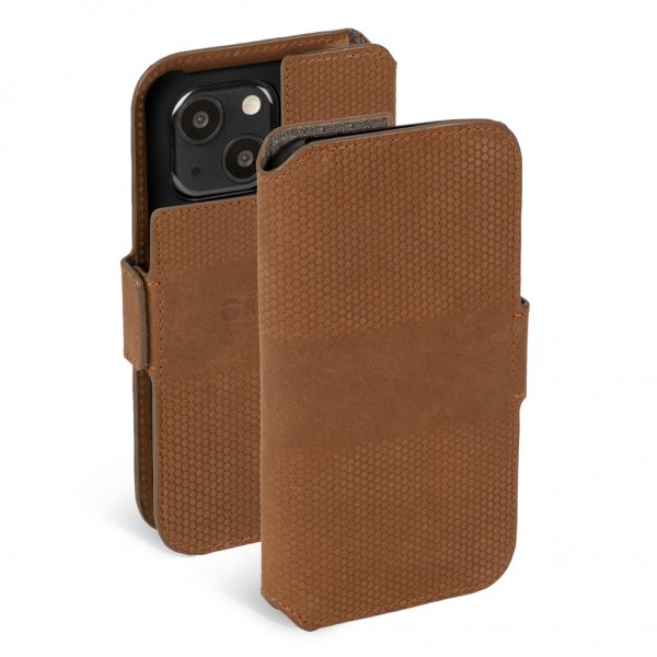 Krusell iPhone 13 -kotelo, nahkainen puhelinlompakko, konjakki