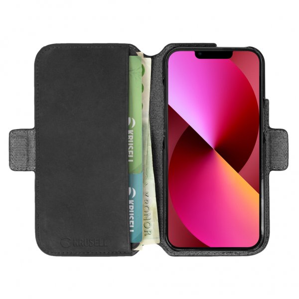Krusell iPhone 13 -kotelo, Leather PhoneWallet, musta