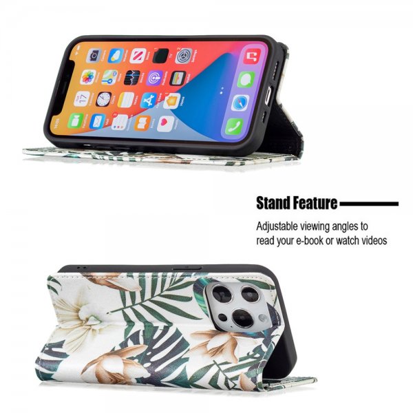 iPhone 13 Pro Flip-suojakotelo Lehti- ja Kukka-aiheella