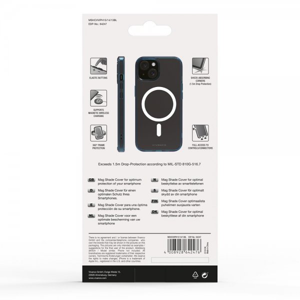Vivanco iPhone 13/iPhone 14/iPhone 15 -suojakuori Mag Shade, sininen