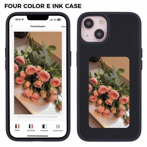 iPhone 13/iPhone 14 Kotelo sisäänrakennetulla E Ink -näytöllä Musta