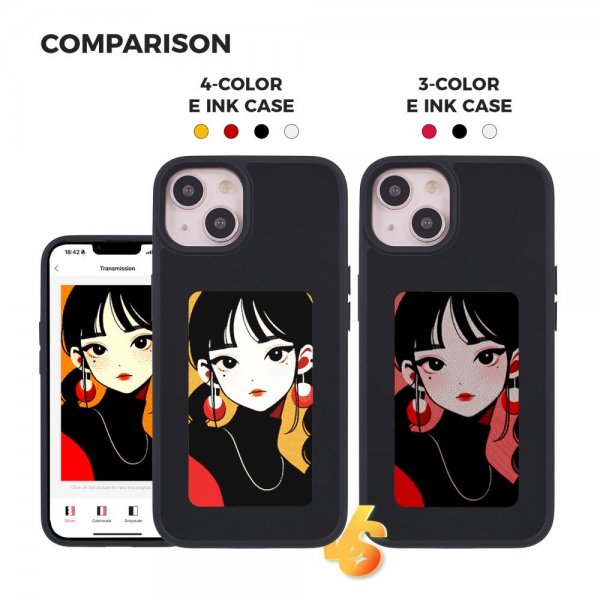 iPhone 13/iPhone 14 Kotelo sisäänrakennetulla E Ink -näytöllä Musta