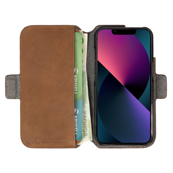 Krusell iPhone 13 Mini Kotelo Leather PhoneWallet Konjakki